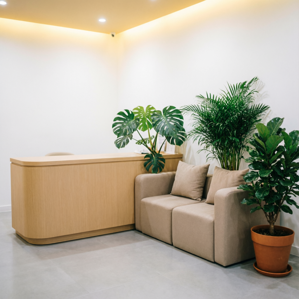 Bright minimalist clinic reception with warm lighting and comfortable seating at Dermacity Skin Clinic Nagpur