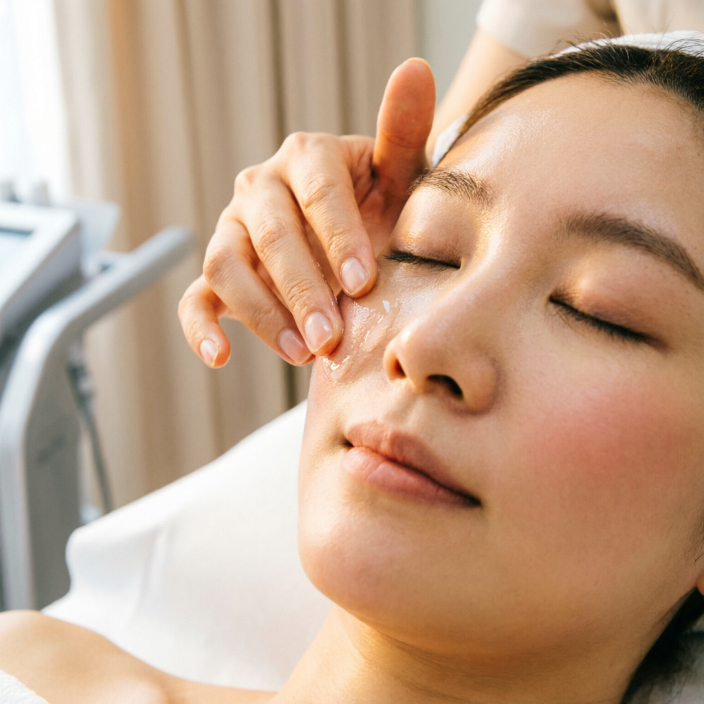 Close-up of gentle skincare application during a dermatology treatment at Nagpur Maharashtra clinic
