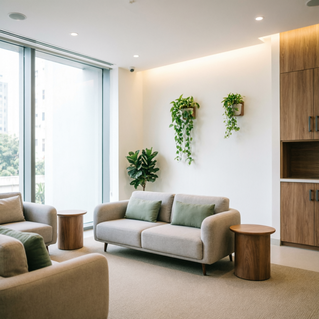 Modern serene dermatology clinic interior in Nagpur Maharashtra with soft natural lighting and minimalist decor