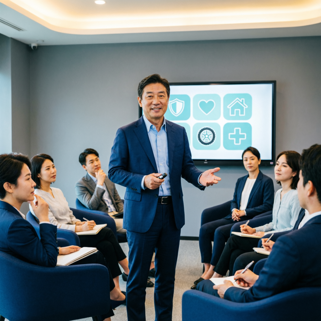 Insurance awareness session with professionals in a modern conference room