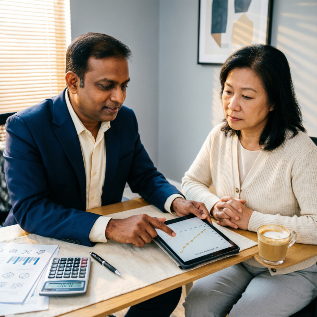 Financial and retirement planning consultation with a growth chart at INSURE AUDIT EXPERT