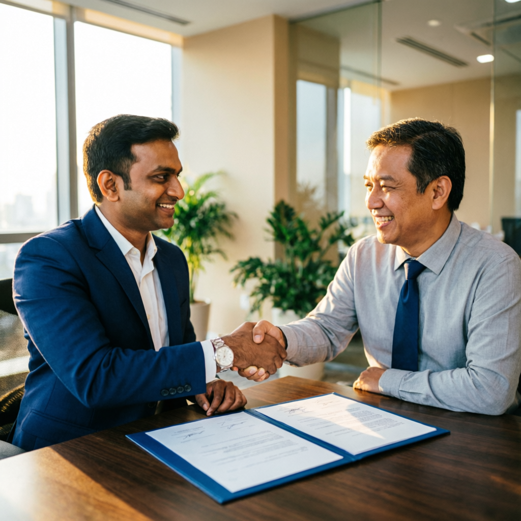 Professional advisory meeting handshake after a completed insurance policy review