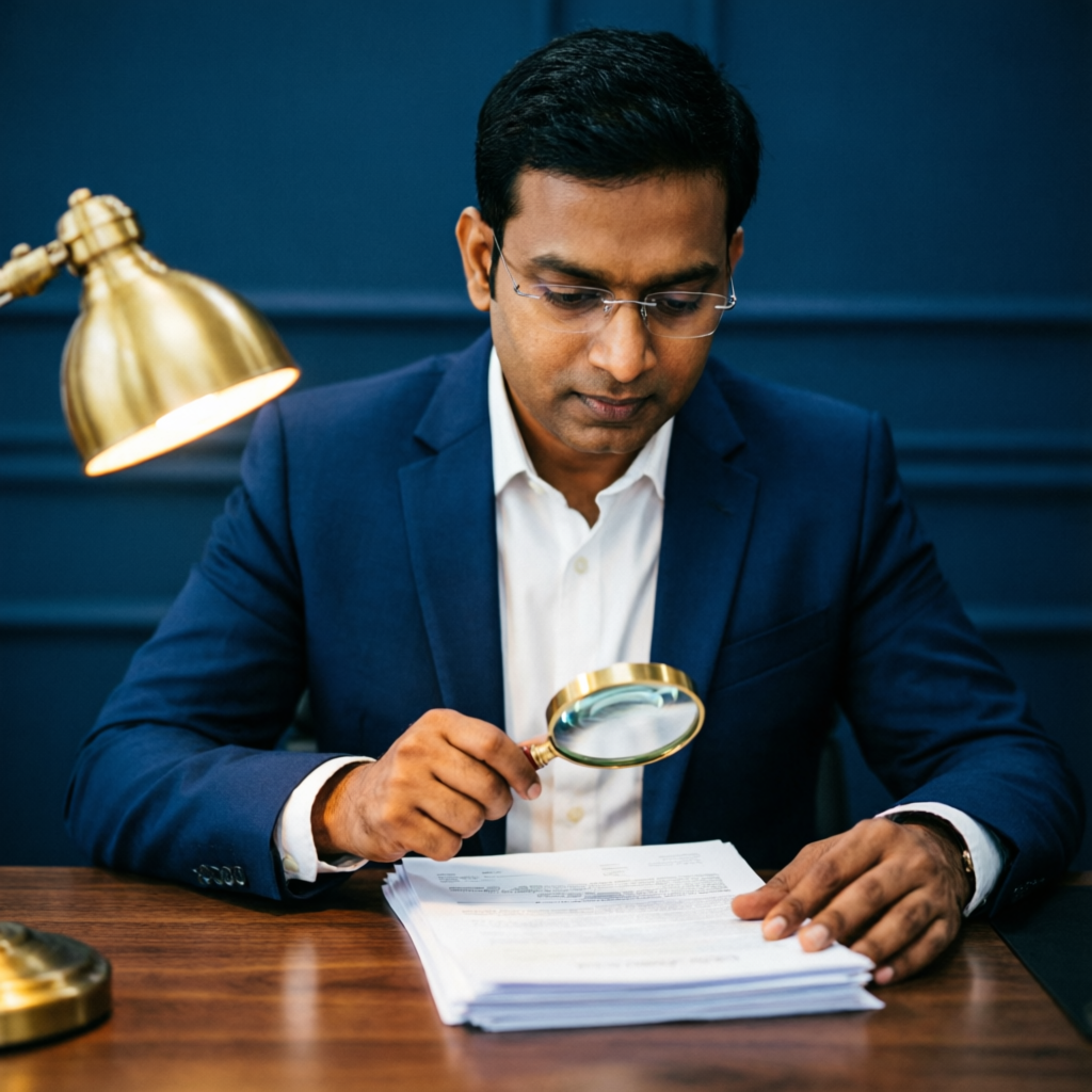 Best insurance audit expert in New Delhi reviewing insurance policy documents with a magnifying glass at a premium advisory desk