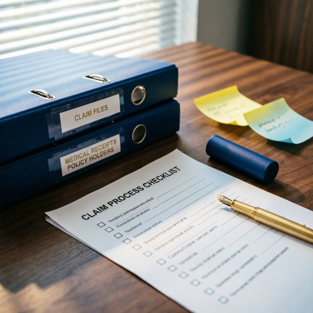 Insurance claim documentation files and checklist prepared for cashless claim support