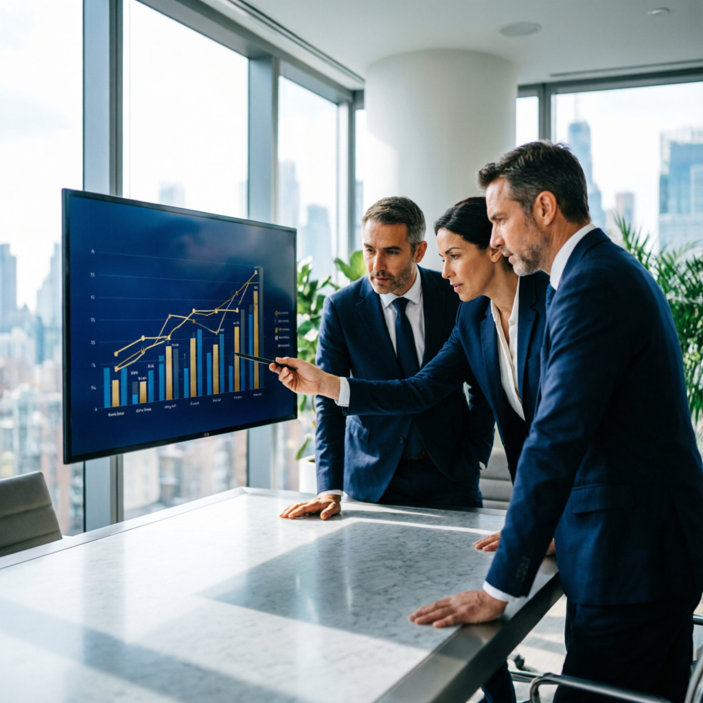 Corporate insurance discussion in a New Delhi boardroom with portfolio charts