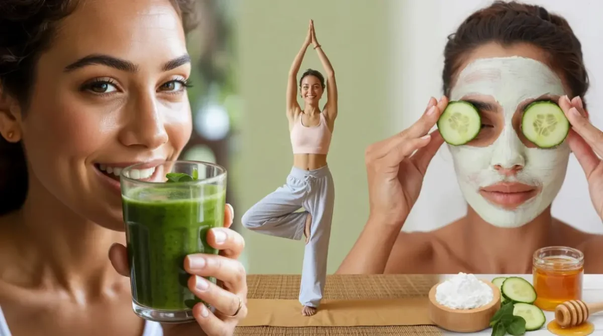 Femme souriante tenant un smoothie vert healthy - Bien-être et nutrition naturelle Féminin Santé