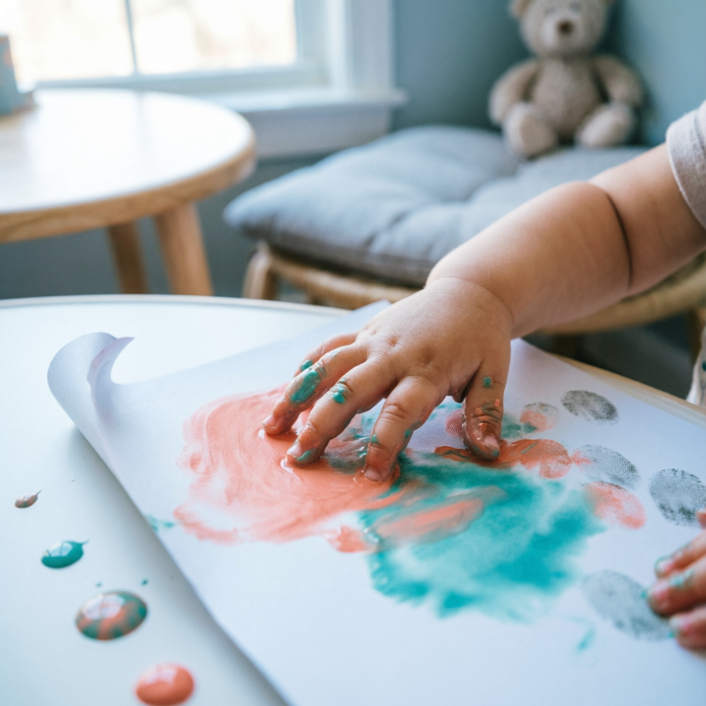 Toddler hands making finger paint art on paper