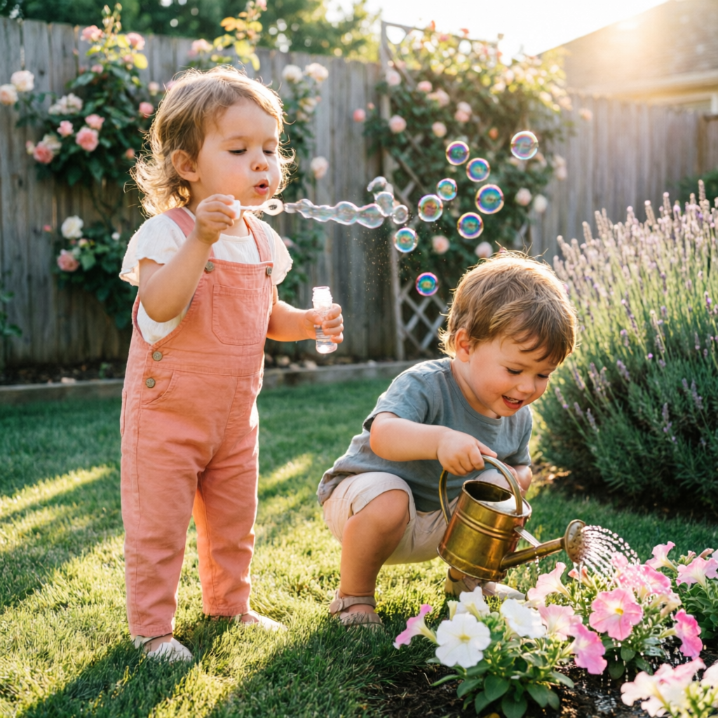 Two toddlers blowing bubbles and watering flowers in a sunny backyard garden