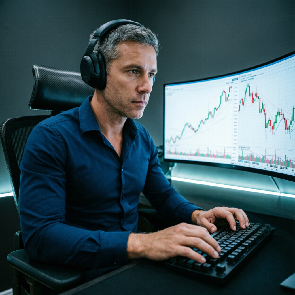 Professional forex trader analyzing charts on a curved monitor