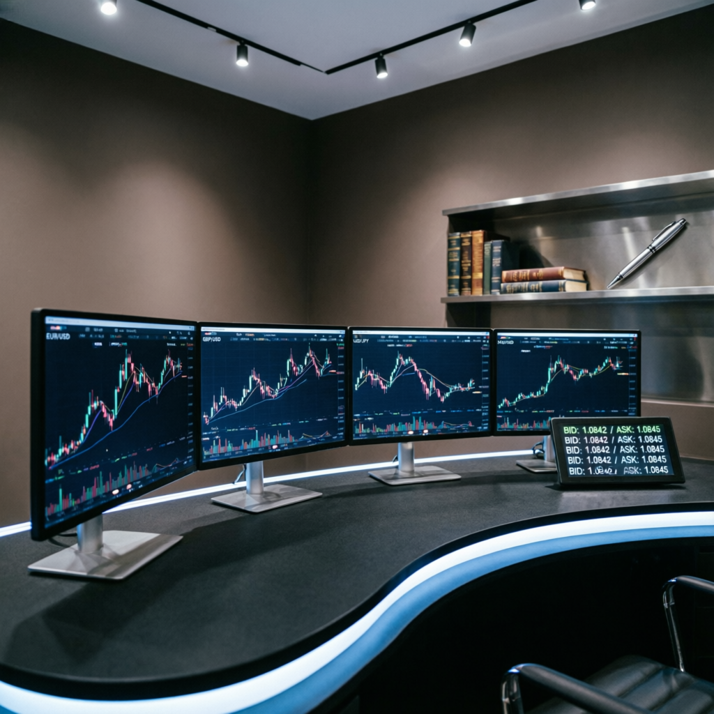 Professional forex trading setup with multiple monitors showing advanced charts and analysis