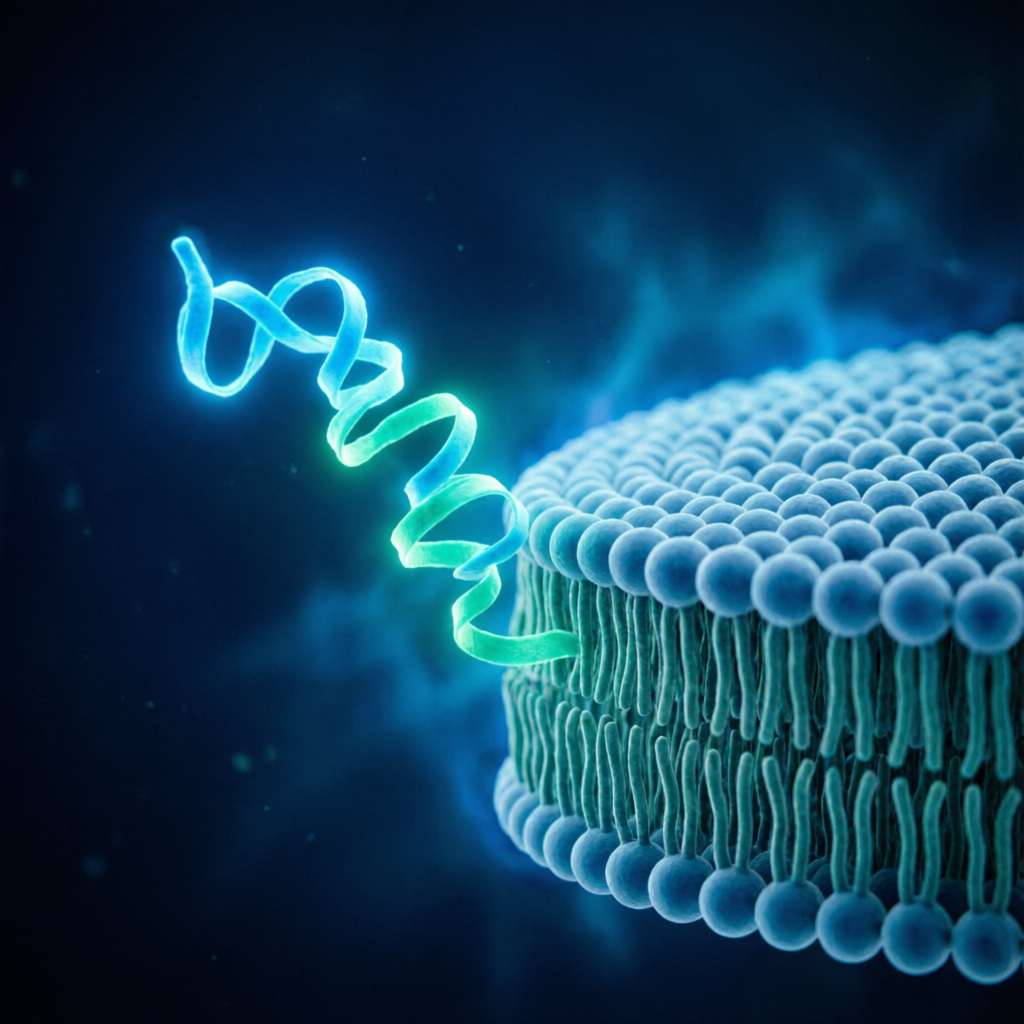 Antimicrobial peptide approaching a bacterial lipid membrane