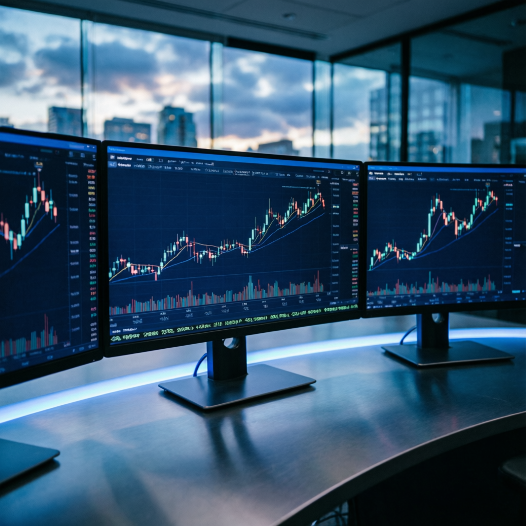 Professional futures trading setup with multiple monitors