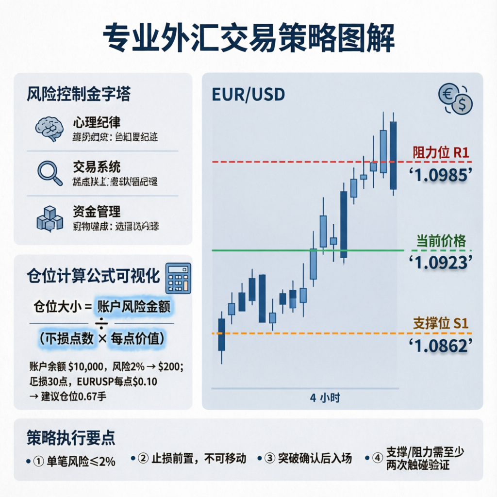 Professional forex trading strategy chart showing risk management techniques and position sizing calculation for prop firm challenges