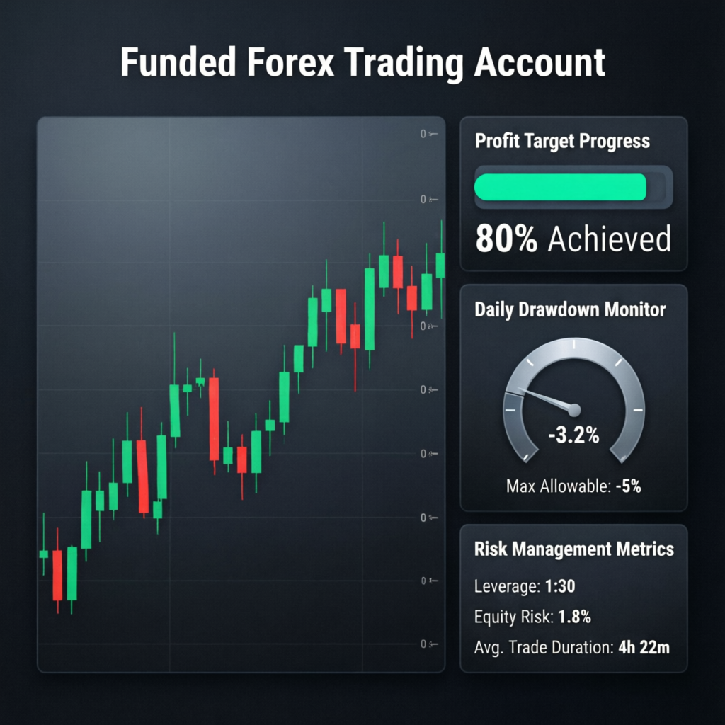 Funded Forex Trading Account dashboard showing profit target progress and drawdown monitoring for Funding Pips challenge