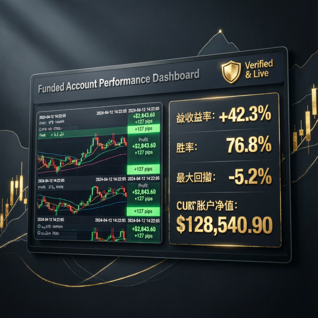 Funded account performance dashboard showing +42.3% return and verified trading results