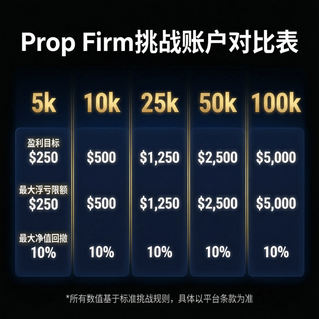 Prop Firm Challenge Account Comparison showing different account sizes 5k to 100k with profit targets and drawdown limits