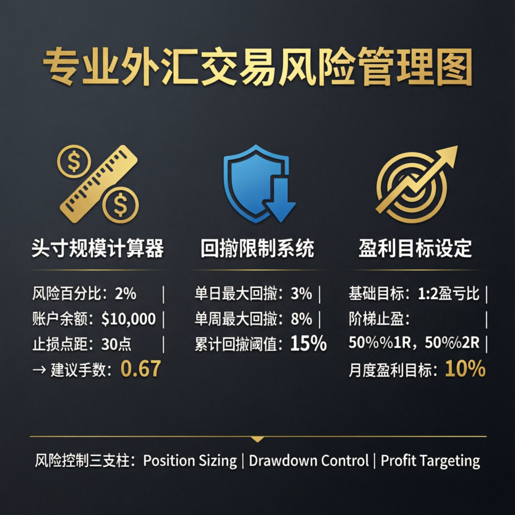 Professional forex trading risk management chart showing position sizing, drawdown limits, and profit targets