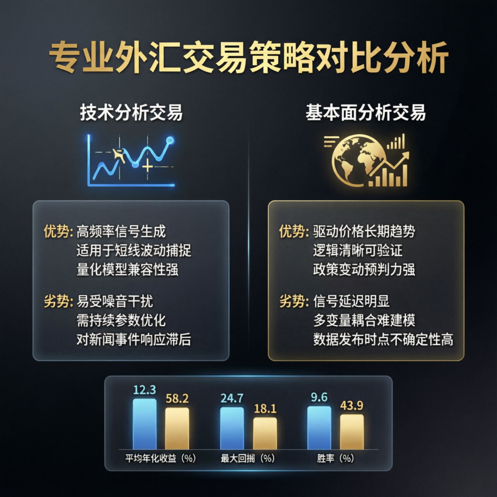 Professional forex trading strategy comparison analysis showing technical vs fundamental analysis advantages