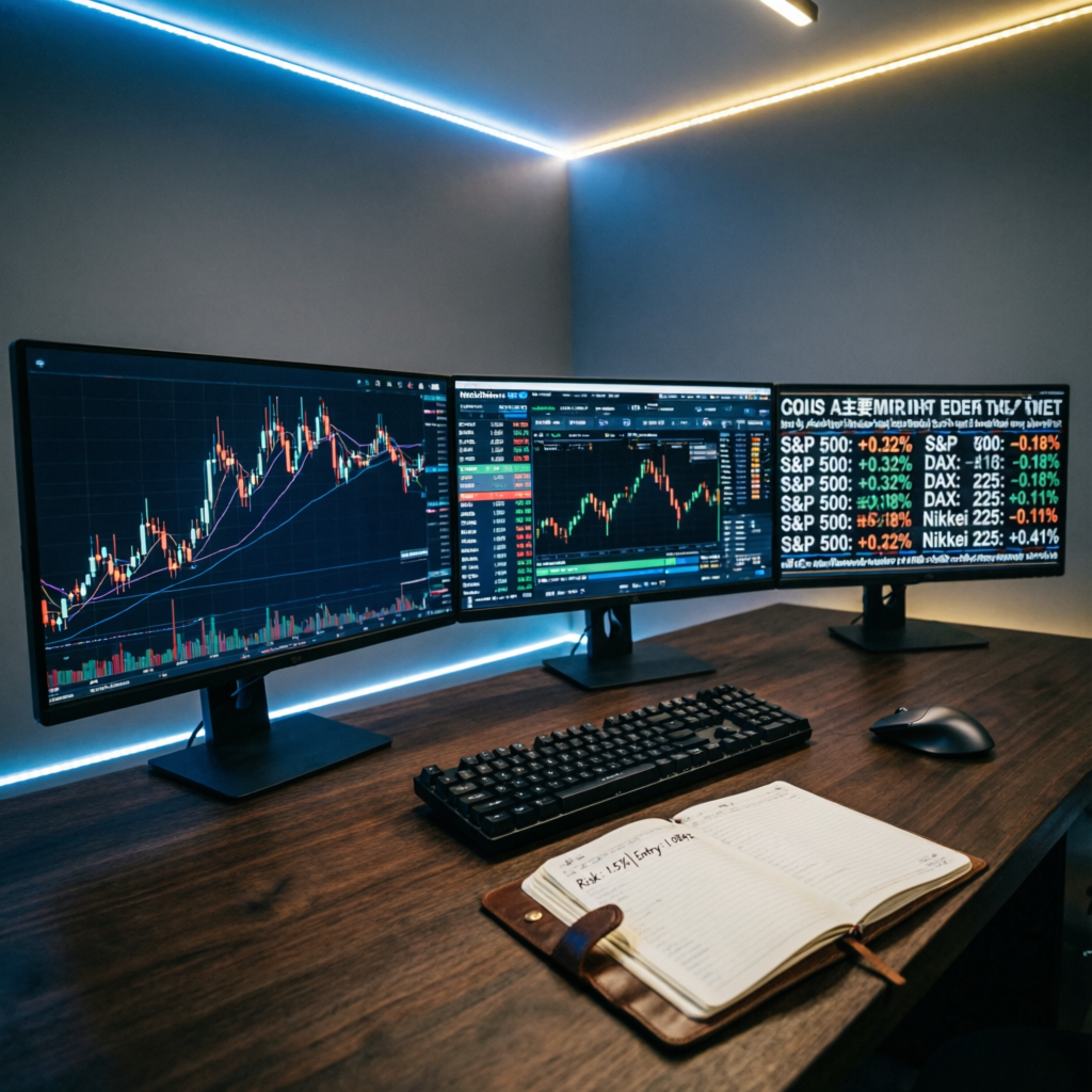 Professional forex trading desk with multiple monitors showing candlestick charts and financial data — PFM Capitals prop firms passing service
