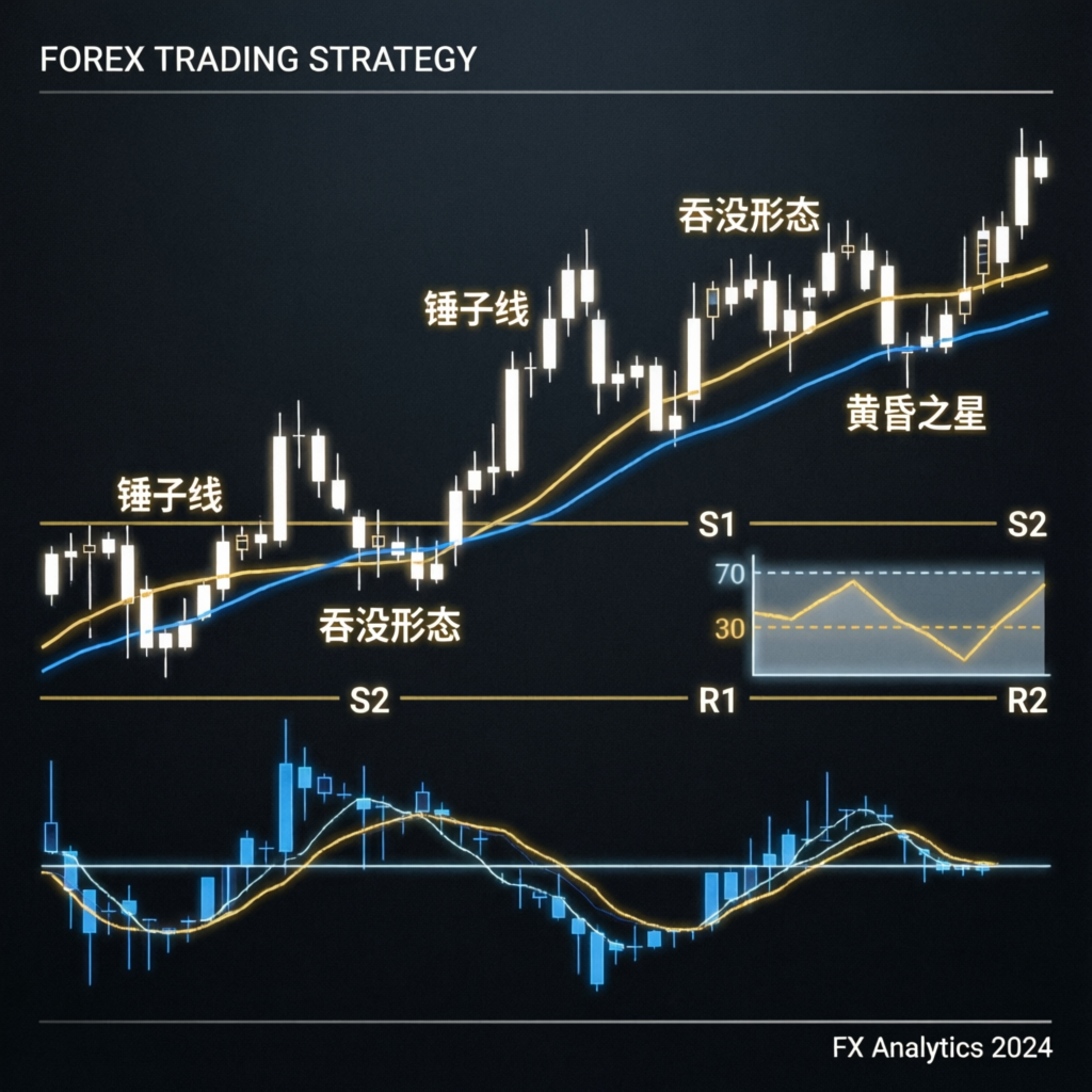 Forex trading strategy chart with candlestick patterns, indicators, and support/resistance levels — PFM Capitals proprietary trading approach