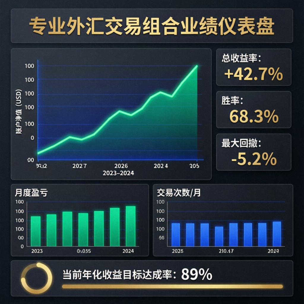 Professional forex trading portfolio performance dashboard showing consistent upward growth curve and trading statistics