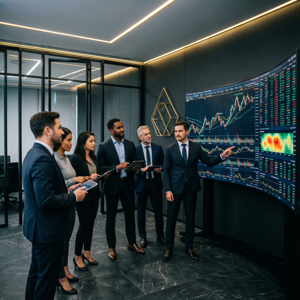 Professional trading team analyzing charts and market data — PFM Capitals funded account management experts