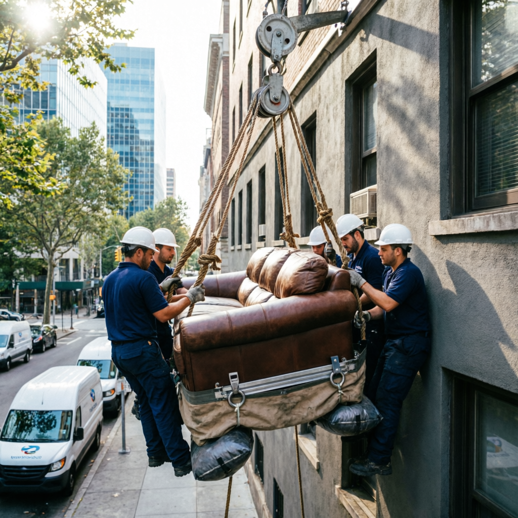 Servicio de izado y subida de muebles por fachada con equipo especializado