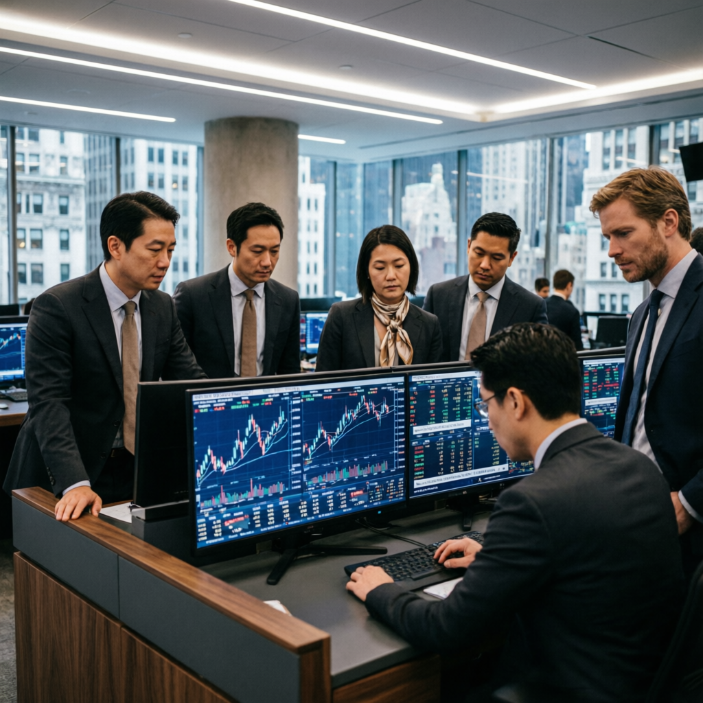 Professional team of financial analysts reviewing trading charts in modern office