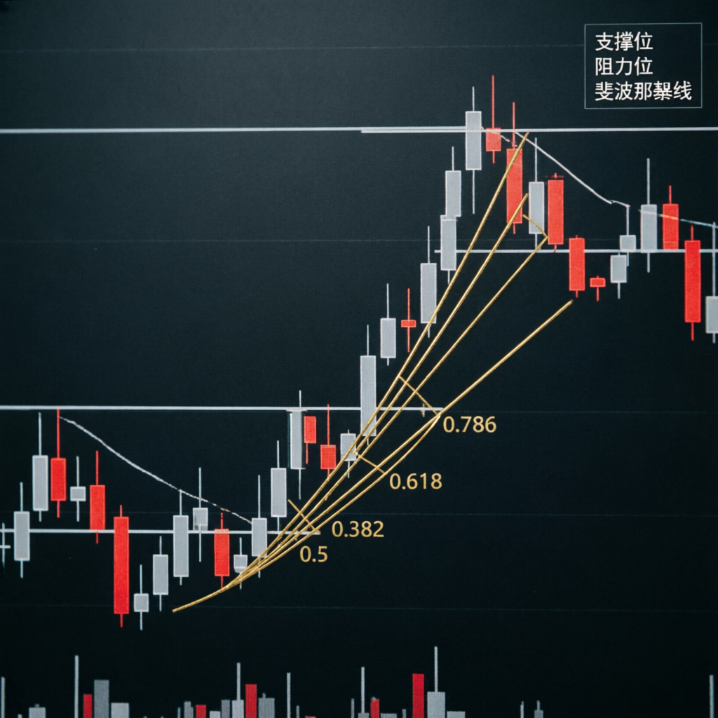 Candlestick chart showing fibonacci retracement levels and support resistance analysis