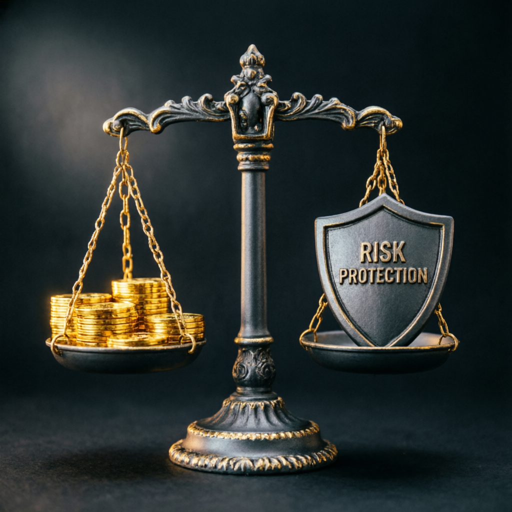Risk protection concept with balance scale showing gold coins and shield