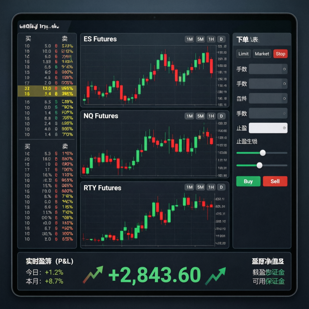 Topstep futures trading platform interface showing ES NQ RTY charts