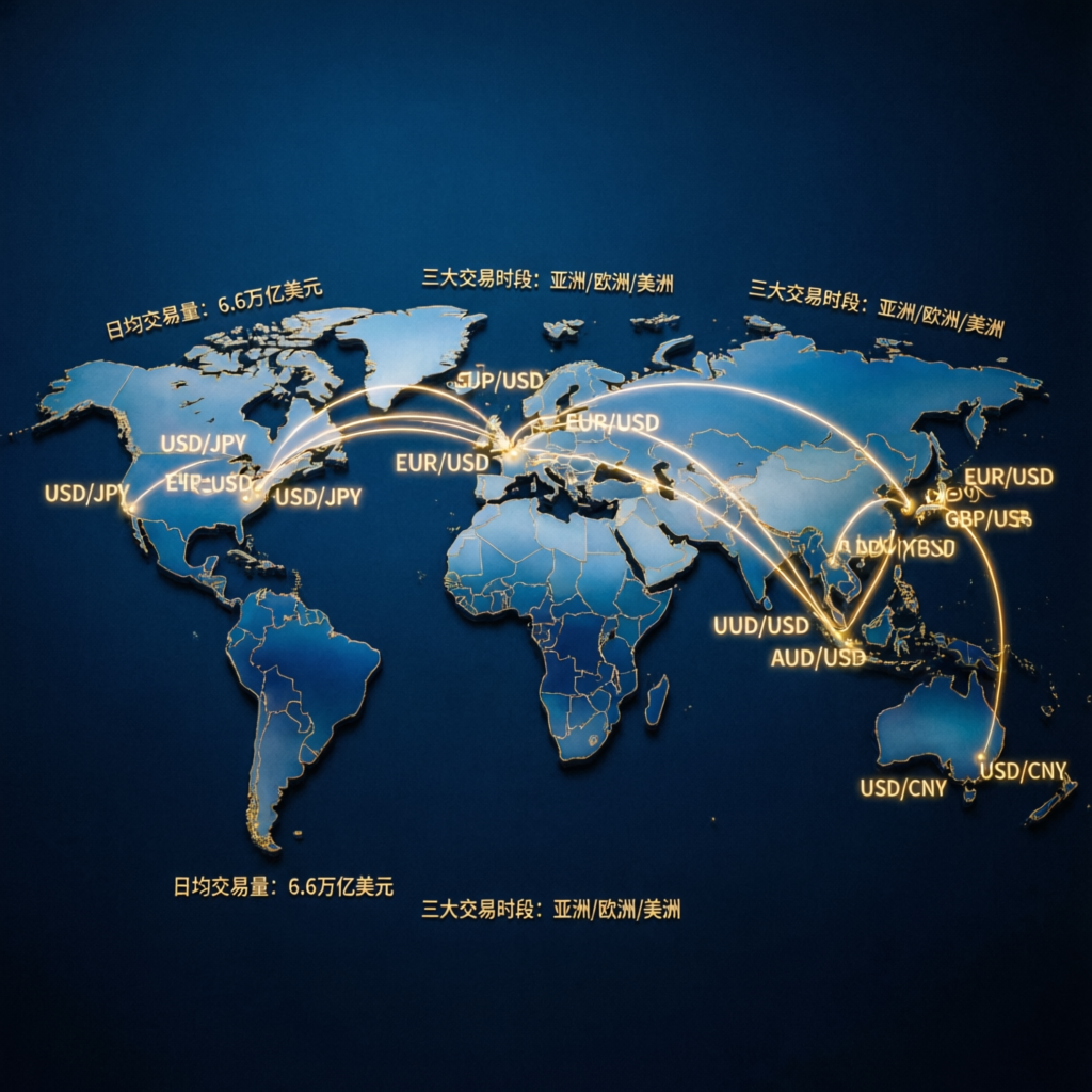 Global forex market map showing trading sessions and currency pairs