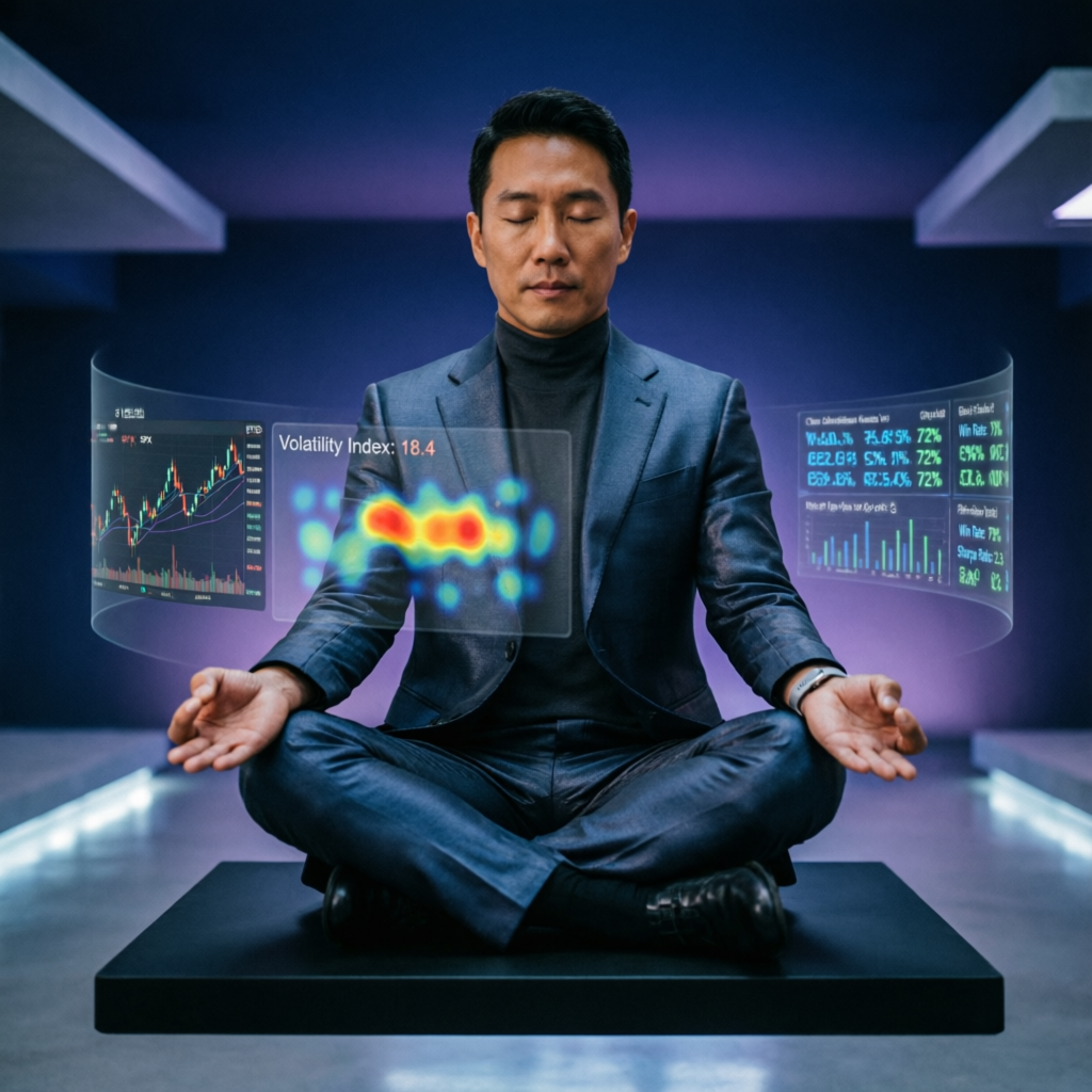 Trading psychology concept with professional trader in meditation surrounded by holographic charts
