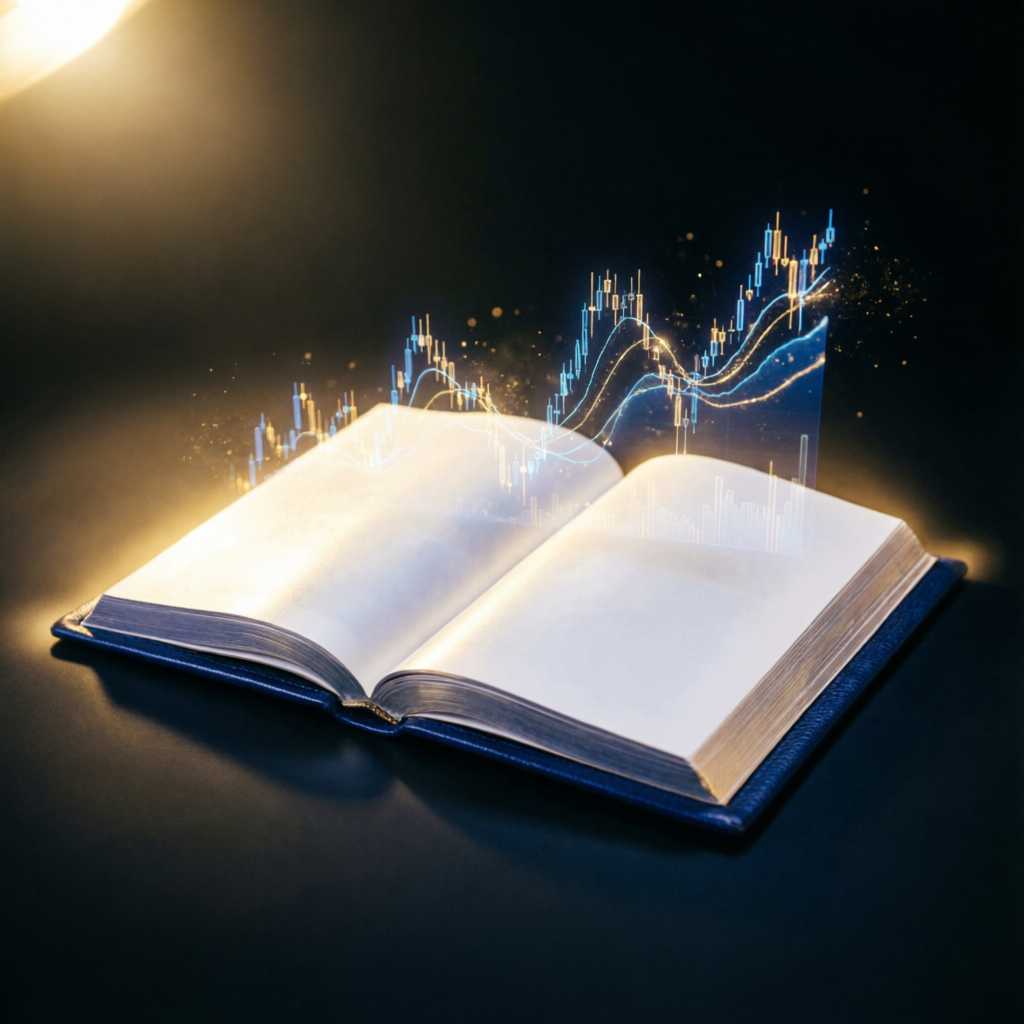 Trading education book with holographic charts representing advanced trading knowledge