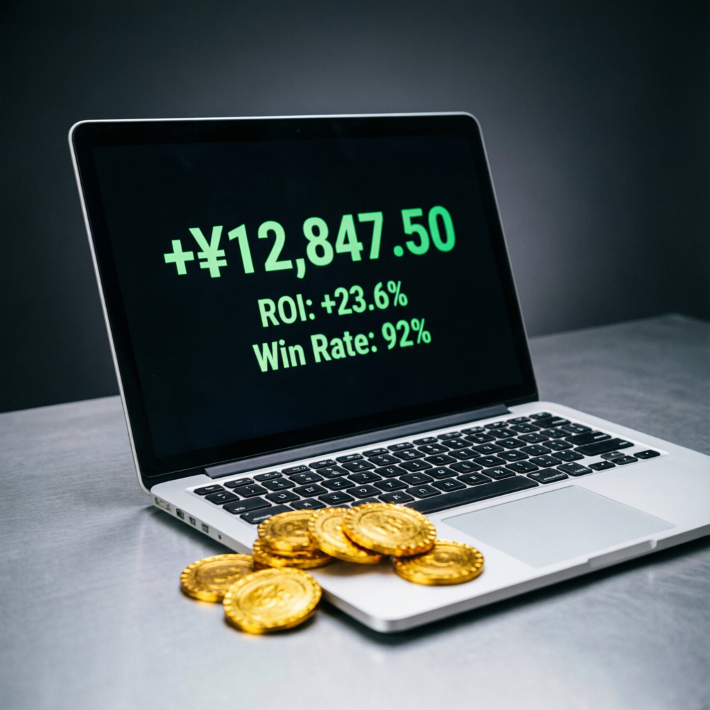 Laptop showing trading profits with gold coins representing successful payouts
