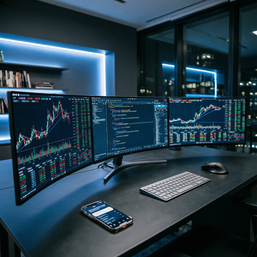 Advanced trading technology setup with multiple monitors showing algorithmic trading code and charts