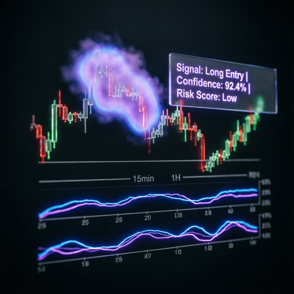 Futures trading strategy with AI signal analysis and technical indicators on candlestick charts