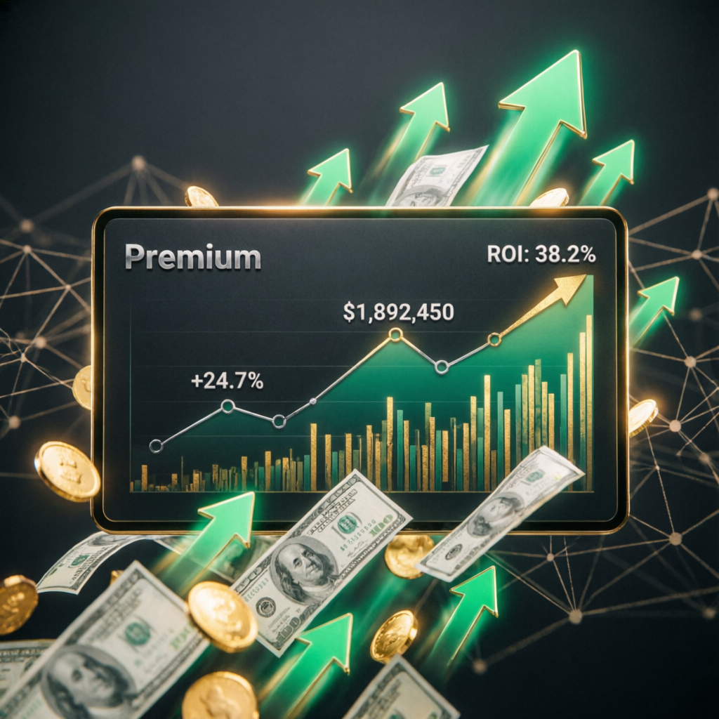 Successful trader payout with profit growth chart and ROI metrics