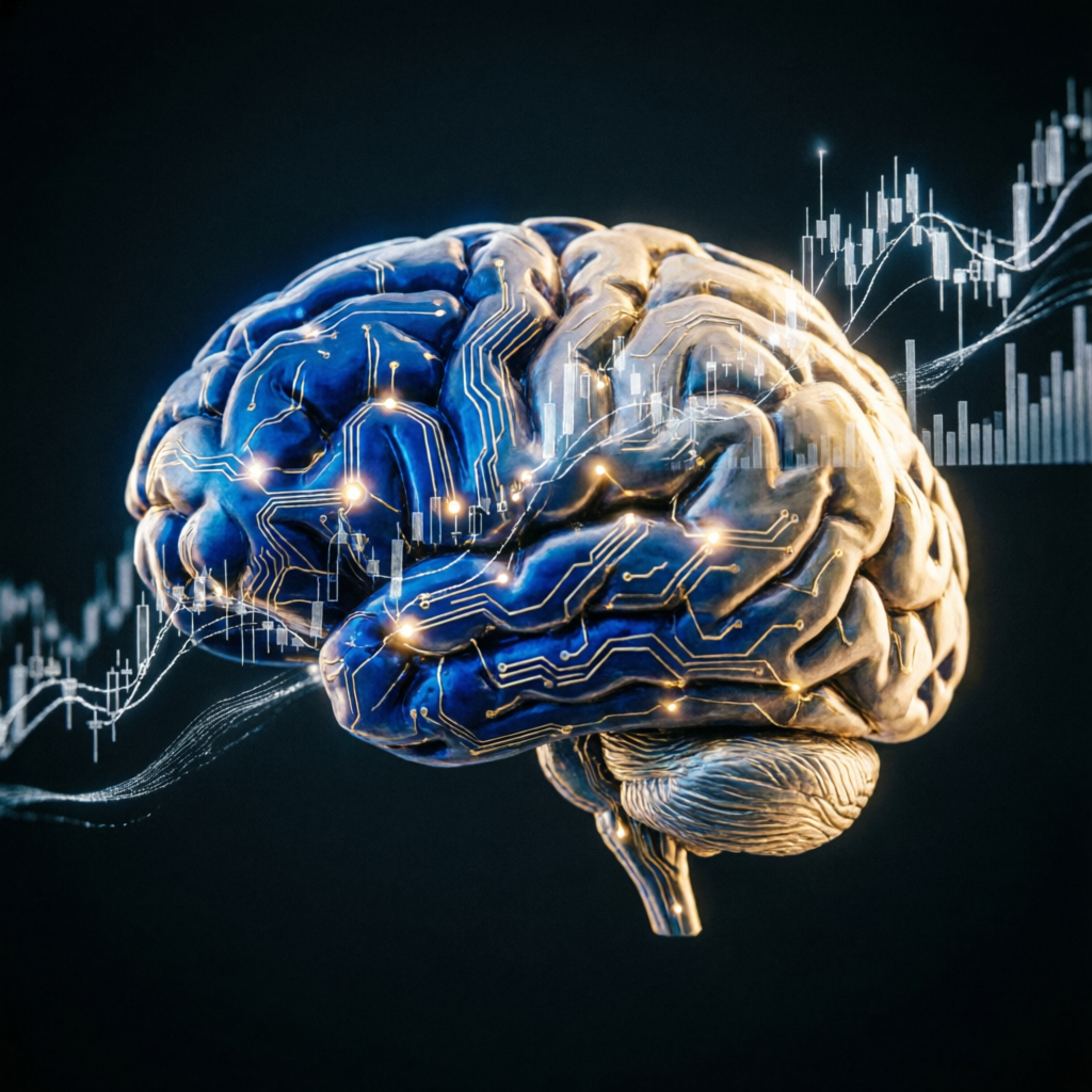 Trading psychology concept with AI-enhanced brain and financial charts overlay