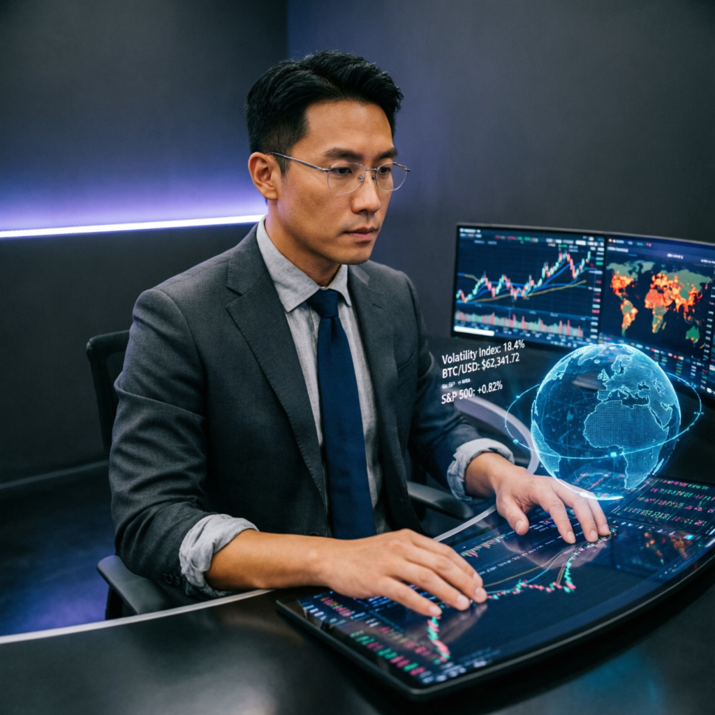 Professional trader at multi-monitor setup with futuristic trading dashboard and AI assistance