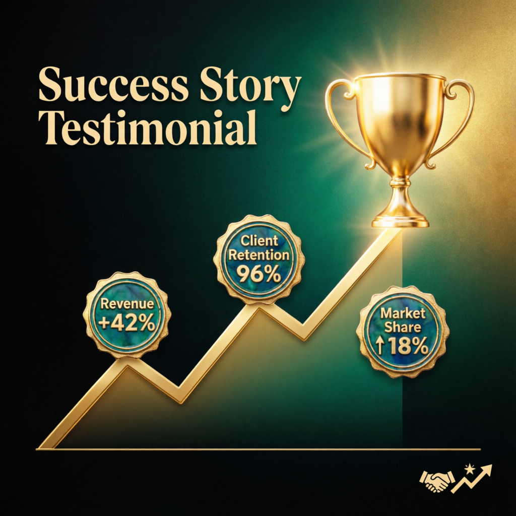 Success story testimonial with trophy, revenue growth and client retention metrics