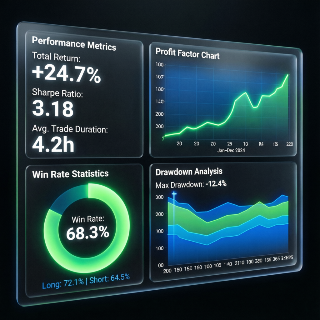 Professional trading analytics dashboard with performance metrics, profit factor, win rate and drawdown analysis