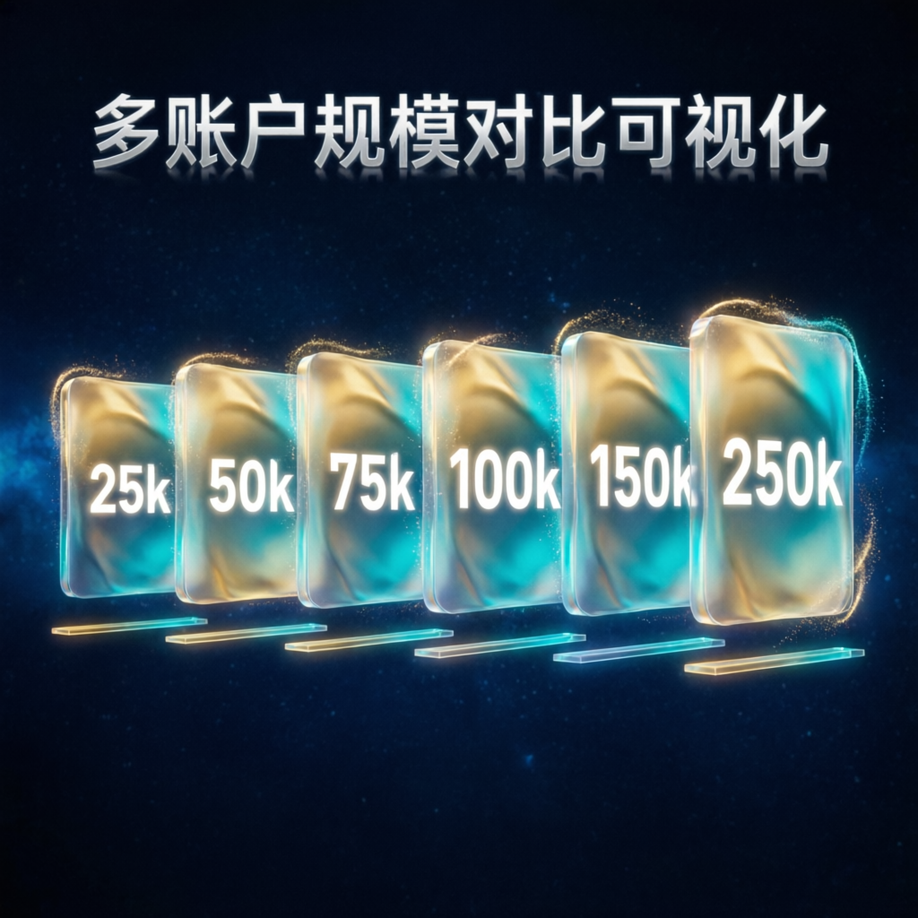 Apex Trader Funding account sizes comparison from 25k to 250k with holographic visualization