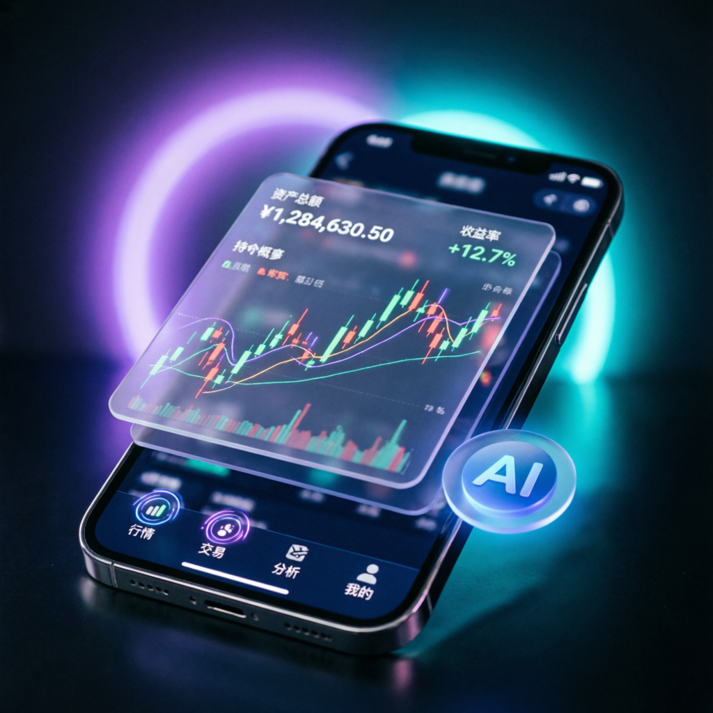 Mobile trading app with AI assistant and futuristic interface on smartphone