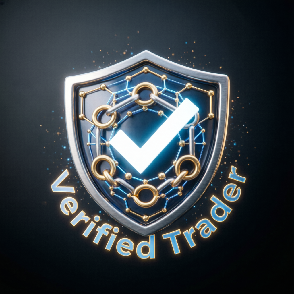 Verified trader security shield with blockchain verification and trust badge