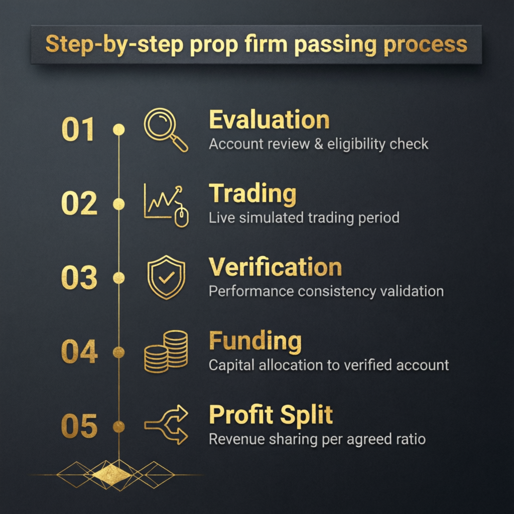 Step-by-Step Prop Firm Passing Process - Evaluation Trading Verification Funding Profit Split