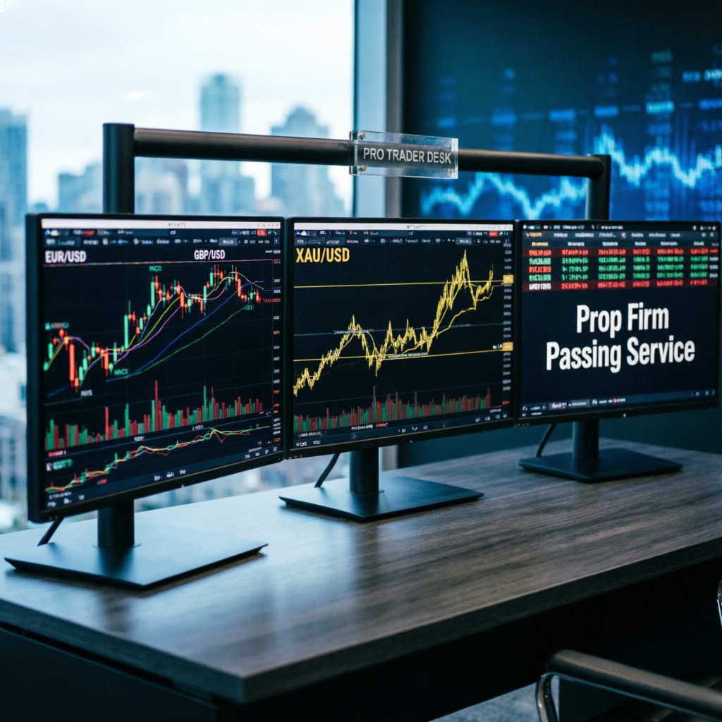 Professional Forex Trading Desk - Prop Firm Passing Service Setup with Multiple Monitors Showing Advanced Trading Charts