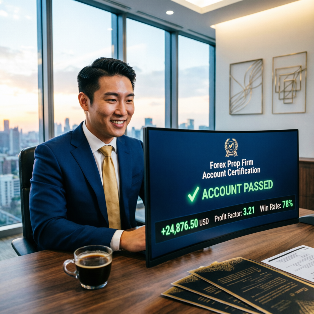 Trader Celebrating Prop Firm Account Passed Success with Profit Results