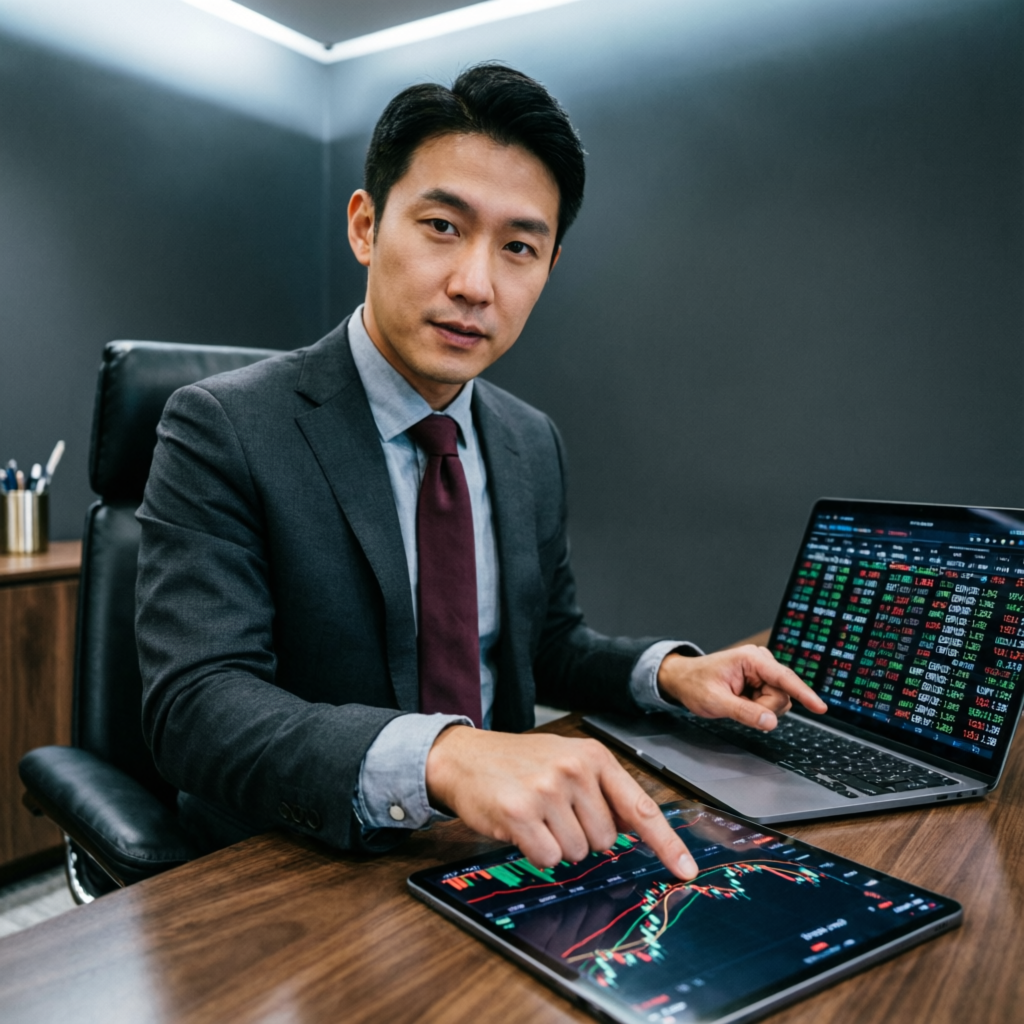 Professional forex account manager analyzing currency pairs on tablet and laptop