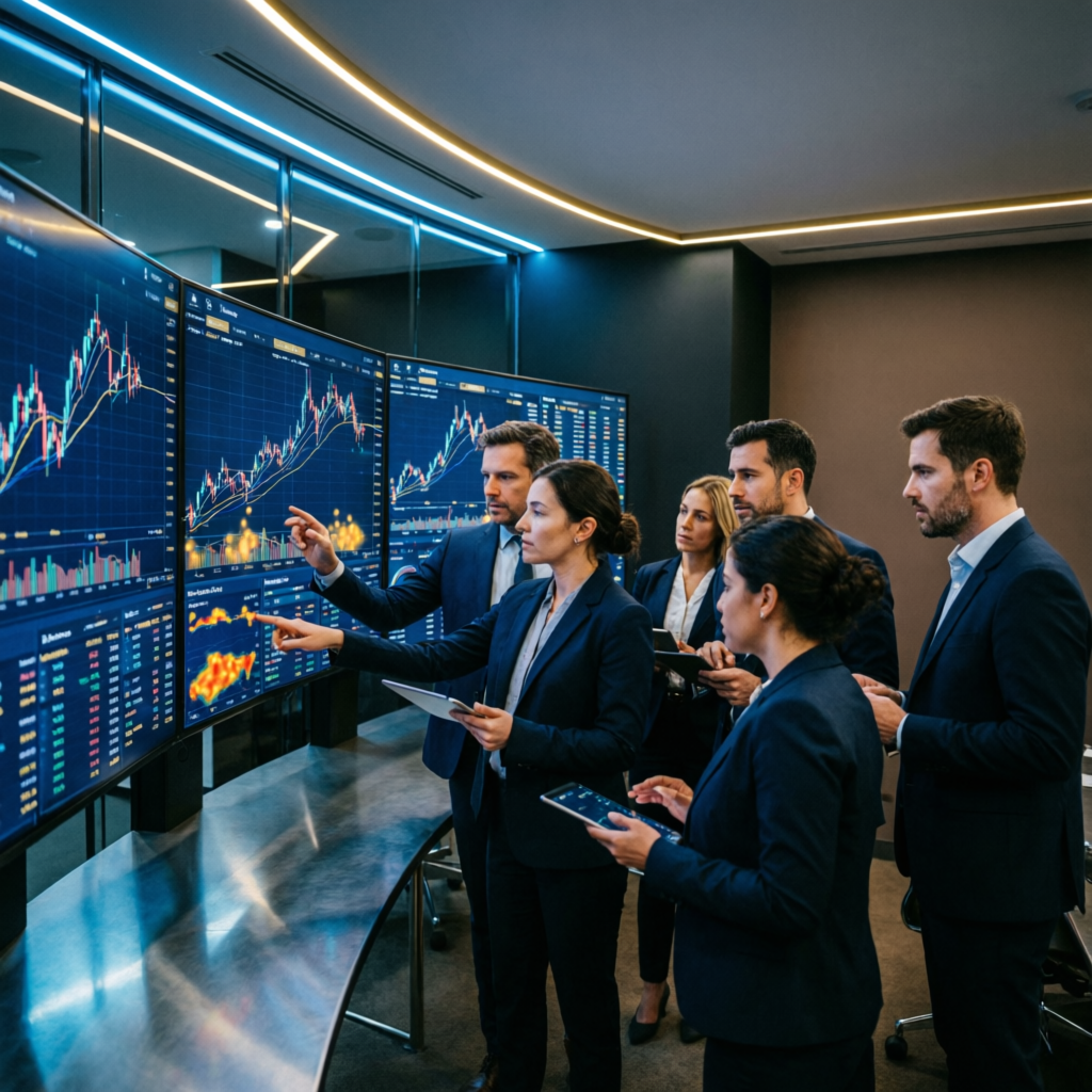 Professional trading team analyzing prop firm challenge strategies on multiple screens